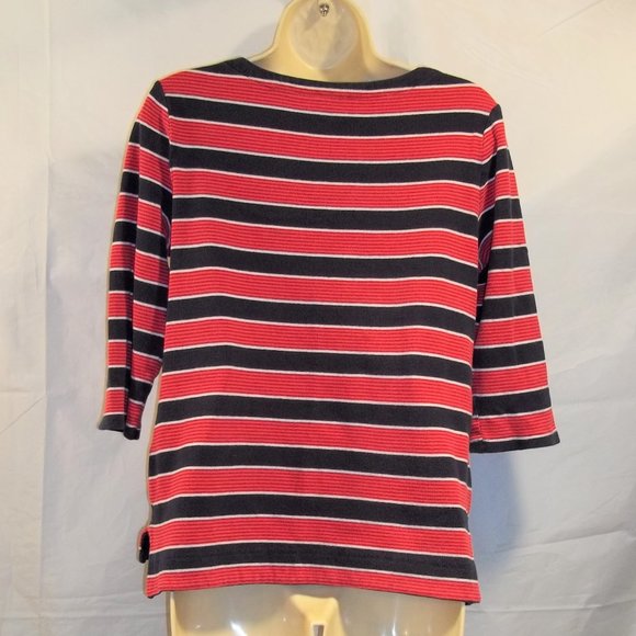 Croft & Barrow Womens Top Blouse Size PM 3/4 Sleeves Snaps Striped Red Blue - Picture 2 of 7
